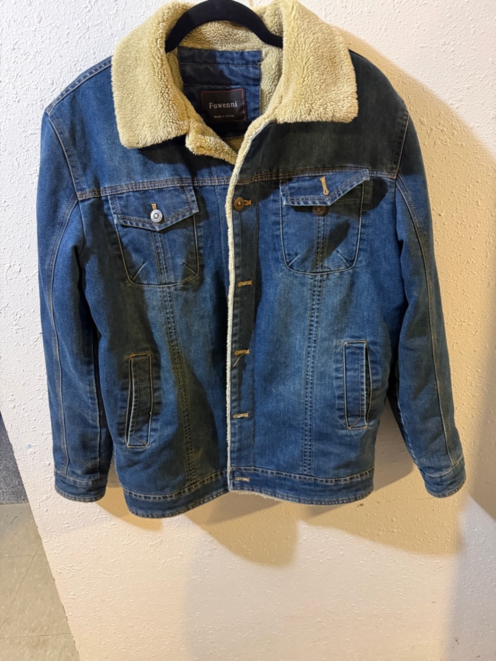 Fuwenni Men's Blue Denim Sherpa Collar Jacket